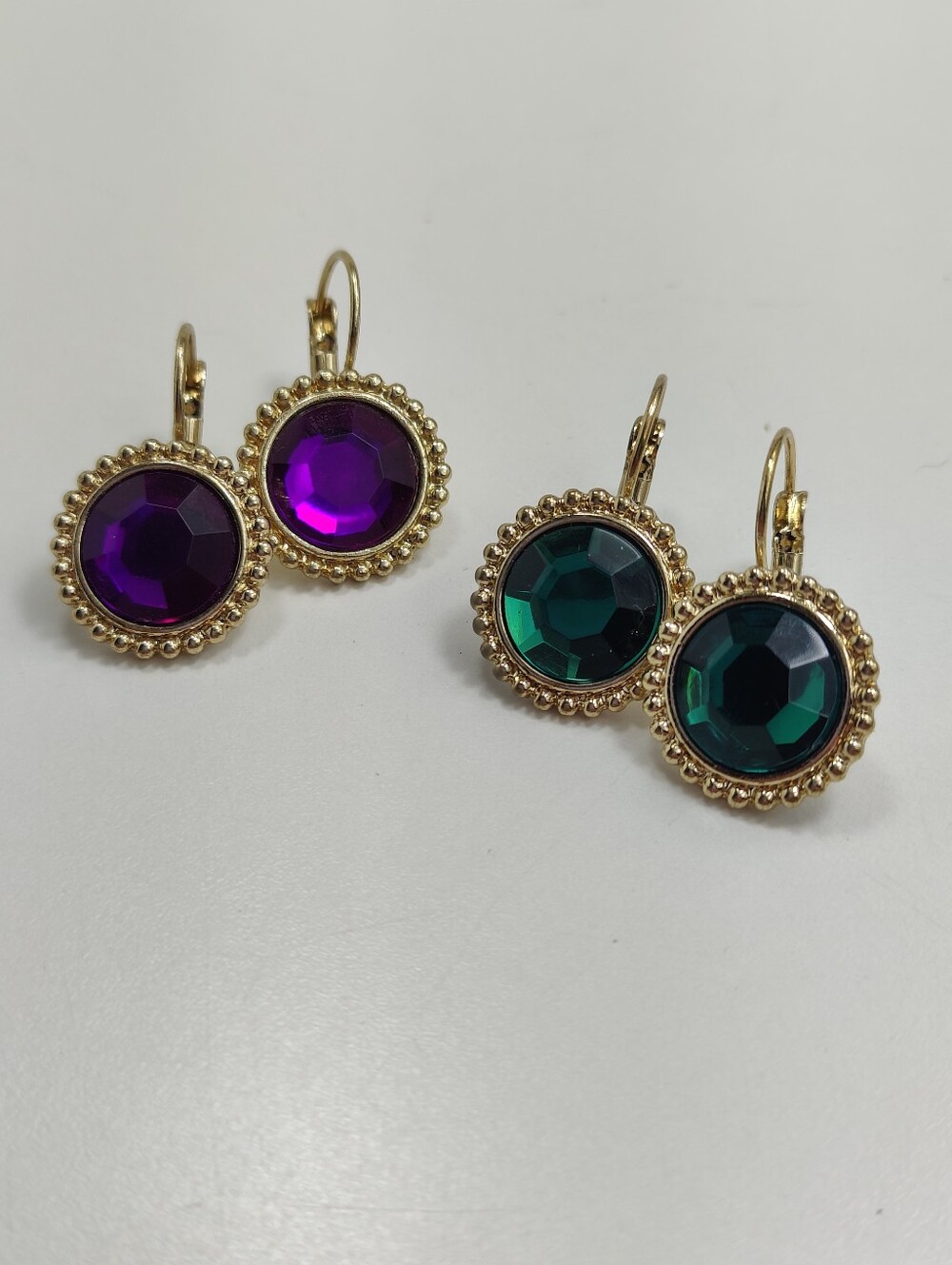 COLOR Gold Tone Faceted Glass Leverback Earrings Set Purple Green Round Cabochon